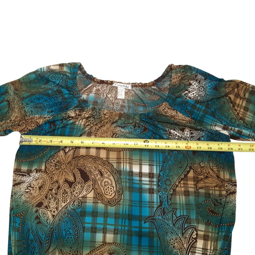 Vintage‎ Carol Rose Blouse Womens XL Green Paisley Plaid 3/4 Sleeve Stretch Top - Picture 2 of 11